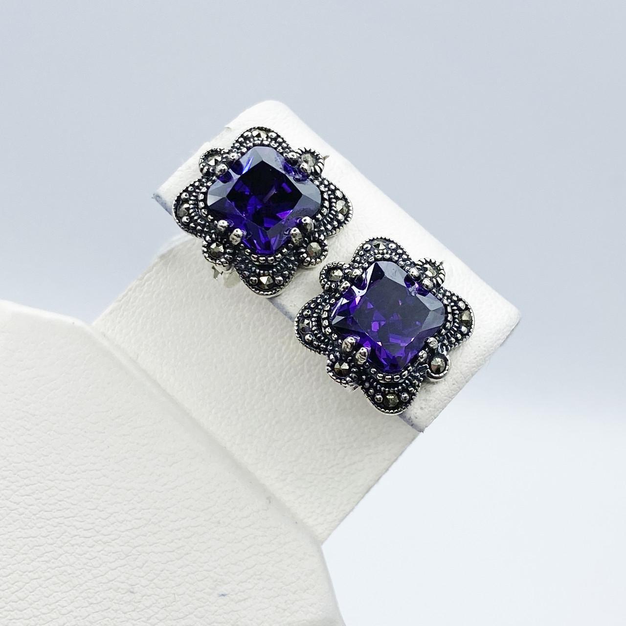 Серьги серебряные с аметистовым кварцем и марказитом 6,57 г (2226444431)