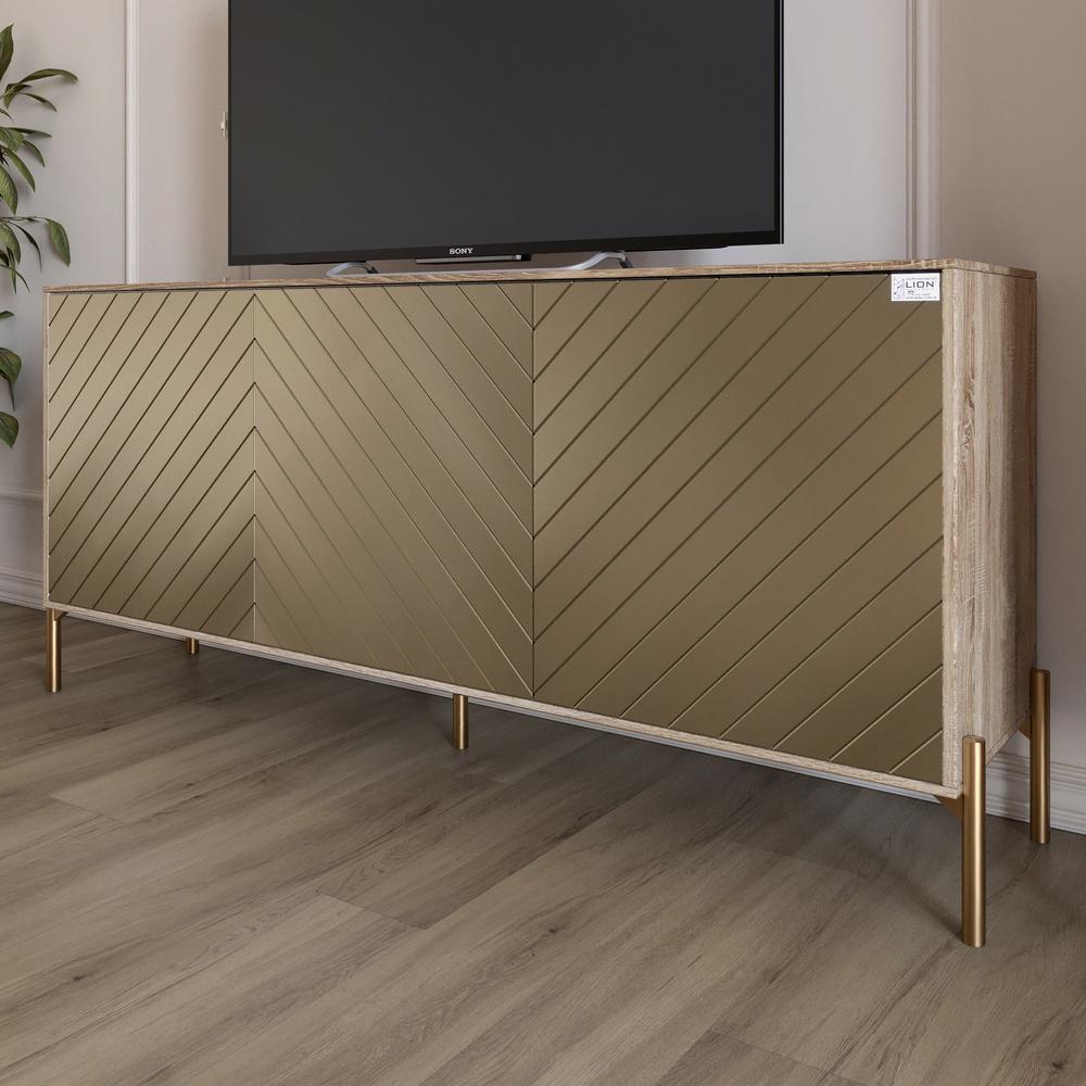 Тумба под телевизор Lion Амарант с золотыми металлическими ножками 168x40x76,5 см Дуб сонома трюфель/Перламутровый металлик (000-000-2393)