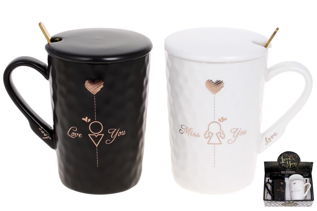 Набор фарфоровых кружек с крышкой и ложкой BonaDi Love You 380 мл 2 шт. Белый/Черный (927-220)