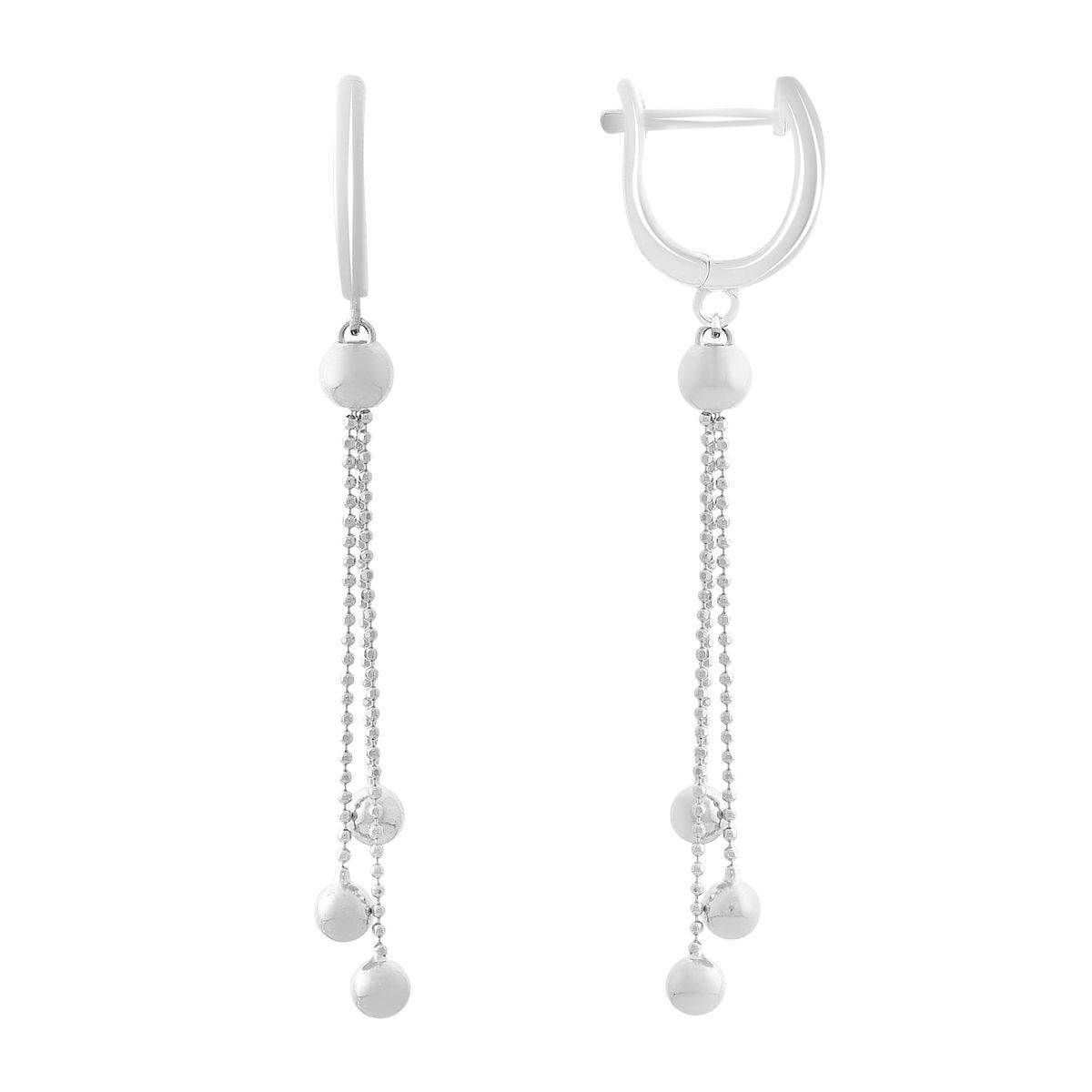 Серьги серебряные с подвесными цепочками и гладкими шариками вытянутой формы