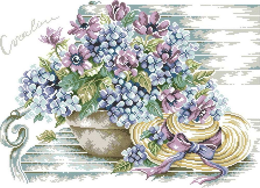 Набор для вышивания крестиком NKF Голубая гортензия и шляпа J690 ткань 14СТ с рисунком 48х37 см (39787)