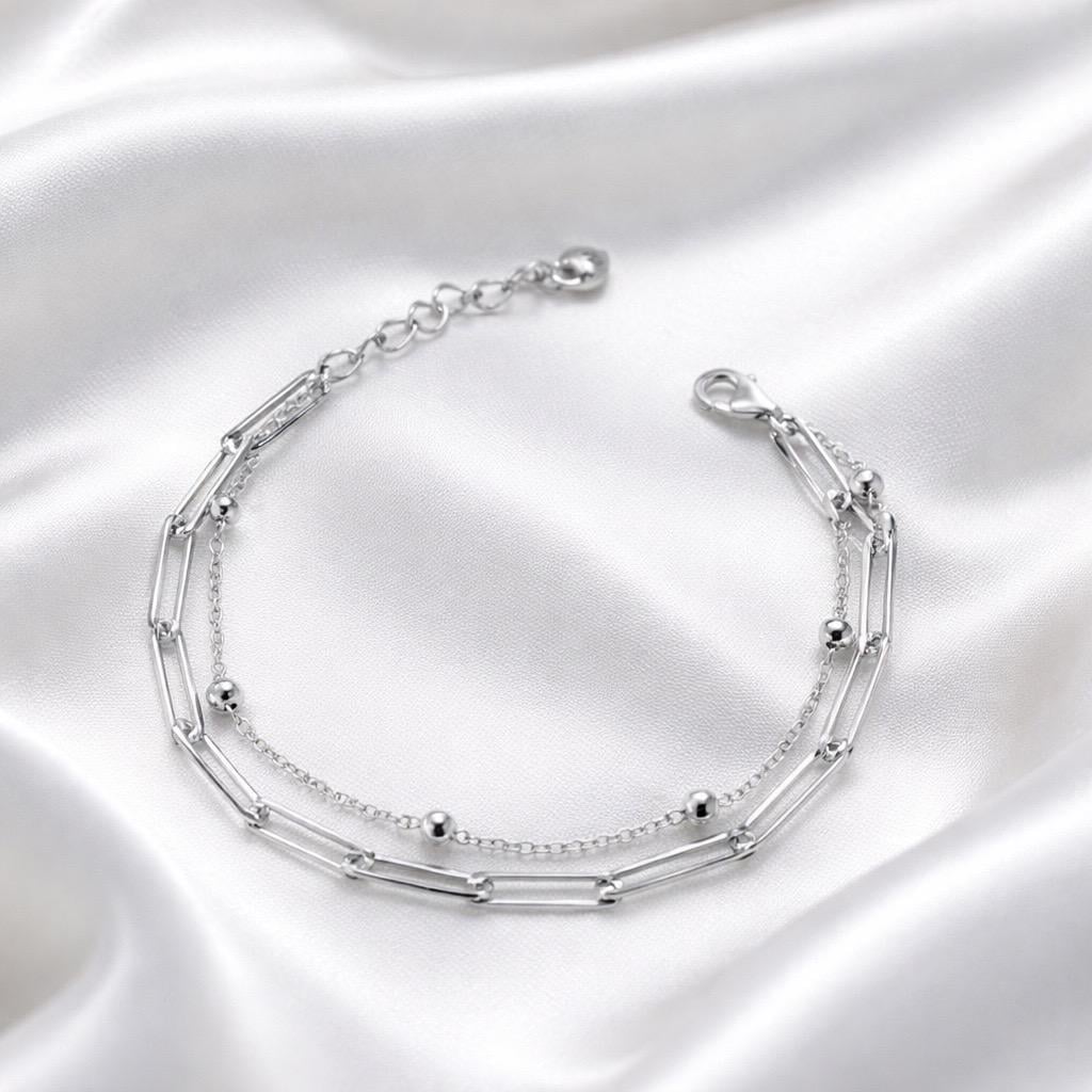 Браслет срібний подвійний з ланковим плетінням та глянцевими кульками р. 17-20 см