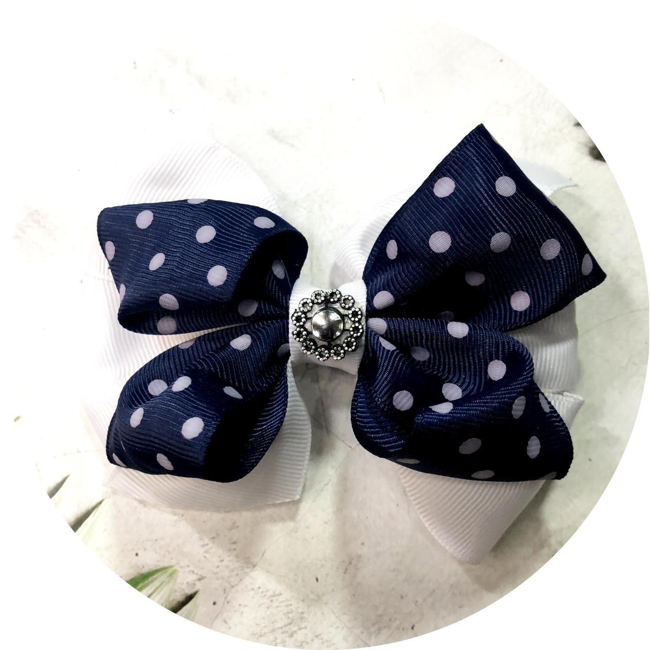 Бантик для волос детский на резинке 11 см Темно-синий с белым (10363)