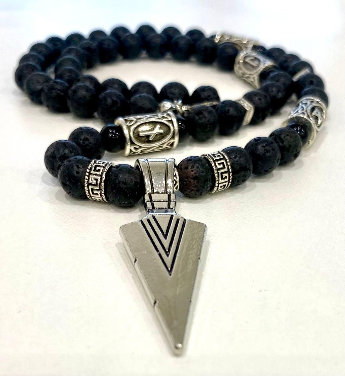 Колье оберіг LITAURS з натурального лавового каміння d8мм підвіскою і рунами (250403)