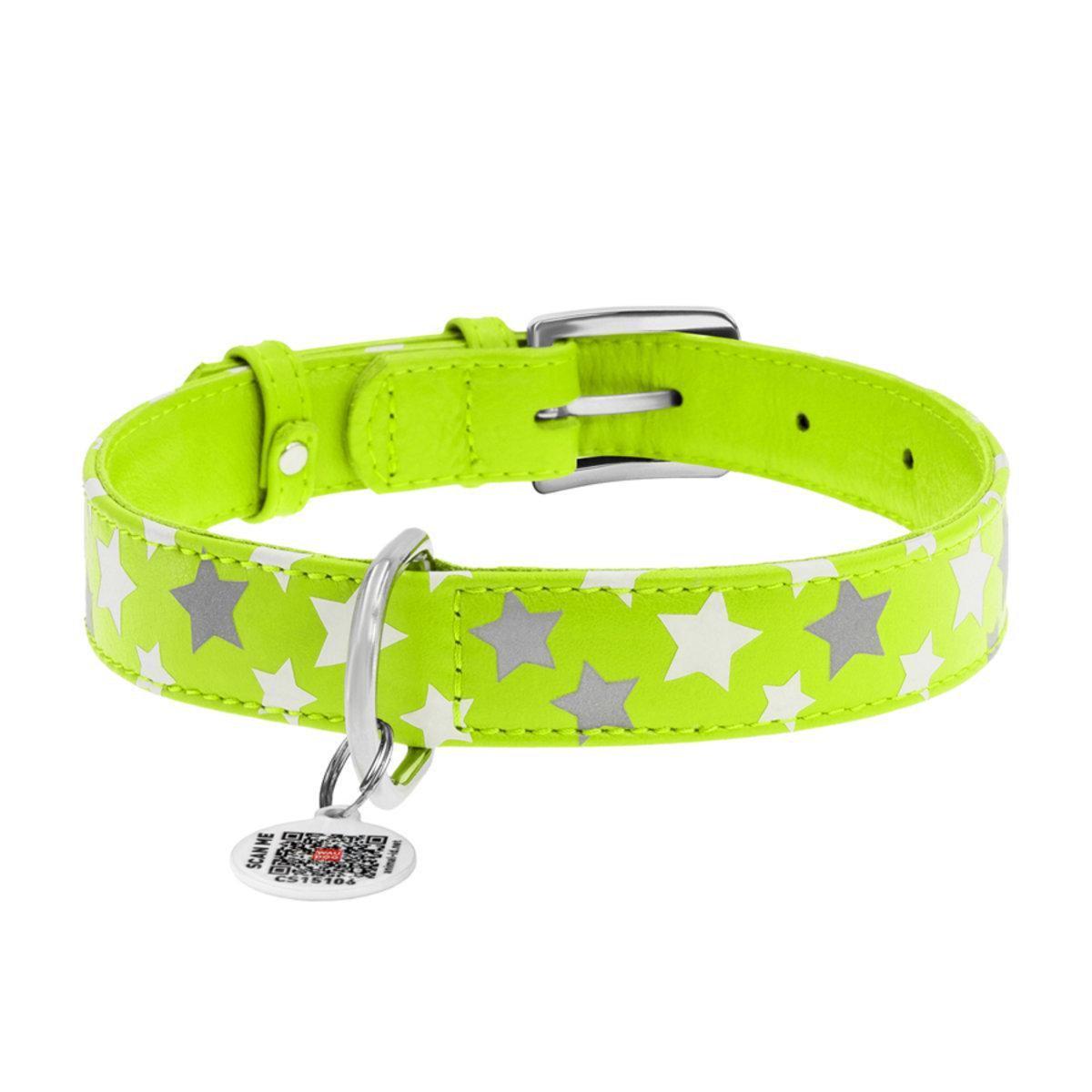 Нашийник для собак шкіряний Waudog Glamour Зірочка з QR паспортом/світлонакопичувальний/світловідбивний M 20 мм х 30-39 см Салатовий (35865 Col)