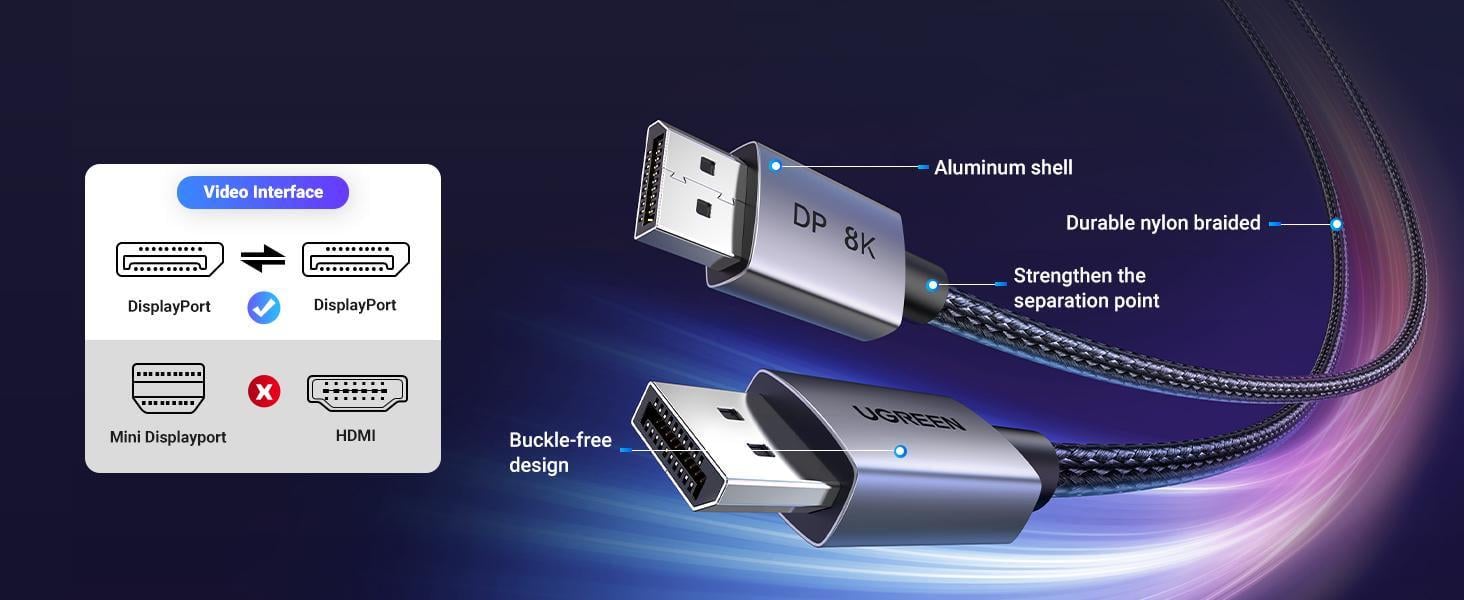 Кабель UGREEN DisplayPort 1.4 8K 60Hz 4K 240Hz 2K 240Hz 1080p 240Hz 32.4 Гбіт/с VESA DP G-Sync Free Sync HDR 10+ 2 м Чорний (25905) - фото 6 Кабель UGREEN DisplayPort 1.4 8K 60Hz 4K 240Hz 2K 240Hz 1080p 240Hz 32.4 Гбіт/с VESA DP G-Sync Free Sync HDR 10+ 2 м Чорний (25905) - фото 6