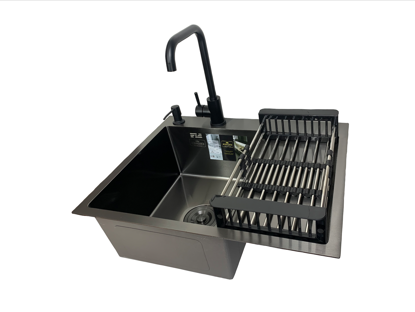Мойка кухонная Kroner 63x50 см чаша слева в черном PVD + смеситель/корзина/дозатор