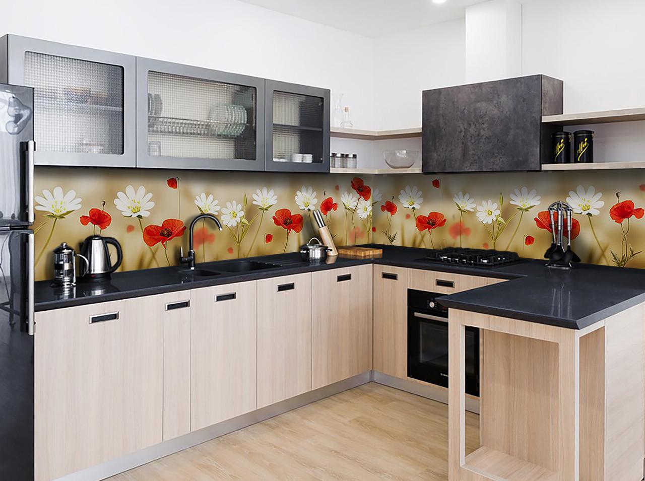 Кухонный фартук Маки и ромашки полевые из самоклеющейся виниловой пленки 60х250 см Бежевый