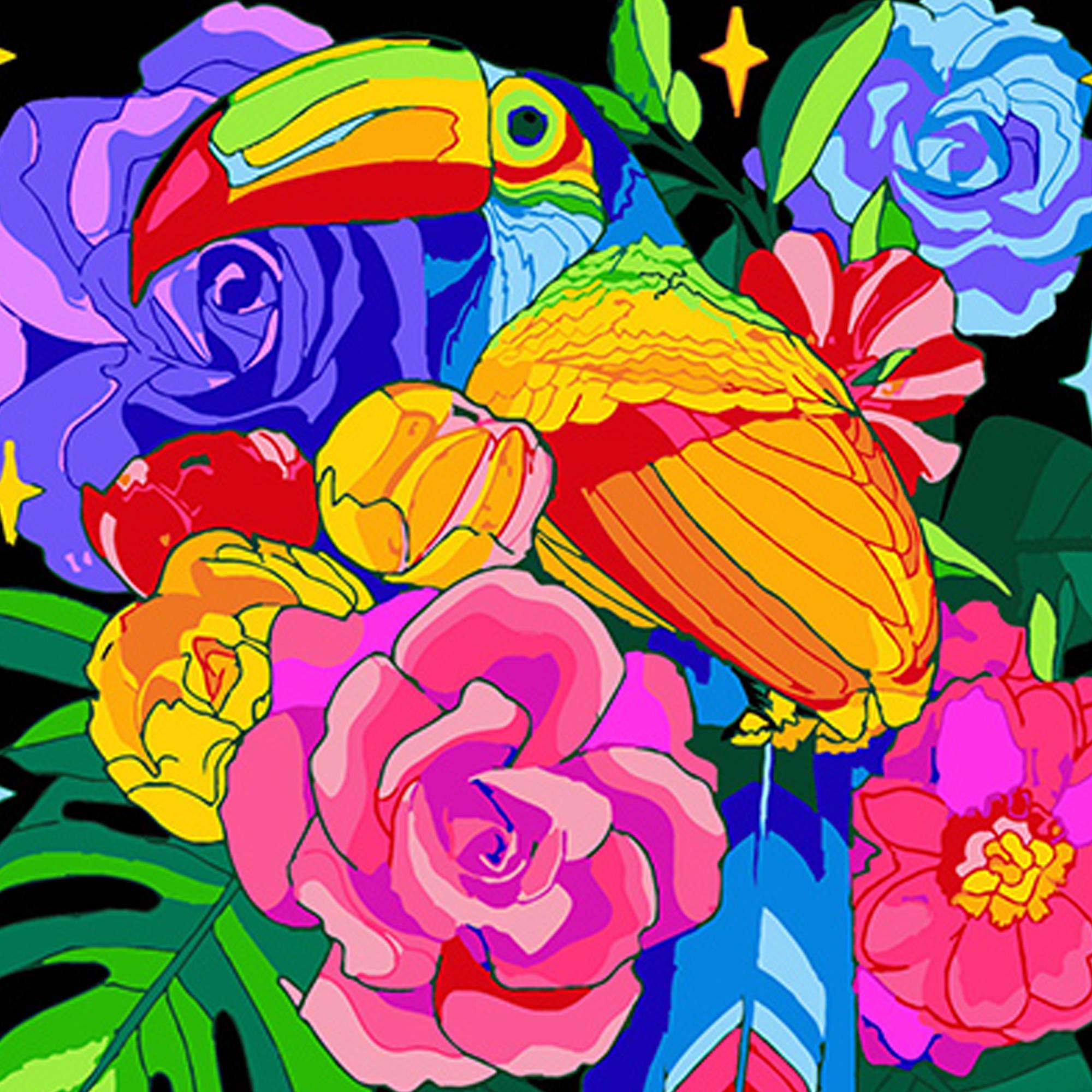 Картина по номерам Strateg Премиум Тукан и цветочное богатство на черном фоне 40х40 см (AV4040-69)