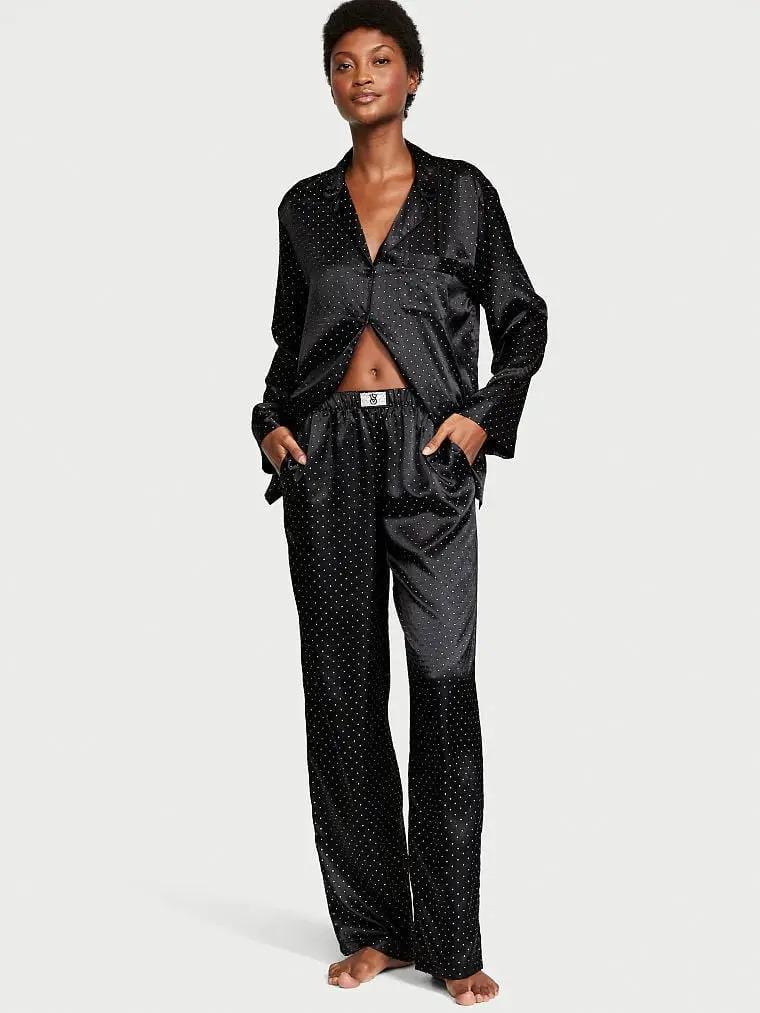 Піжама сатинова сорочка/штани Піжама Victoria's Secret Dew Drop Satin Long Pajama Set M Чорний (26710184)