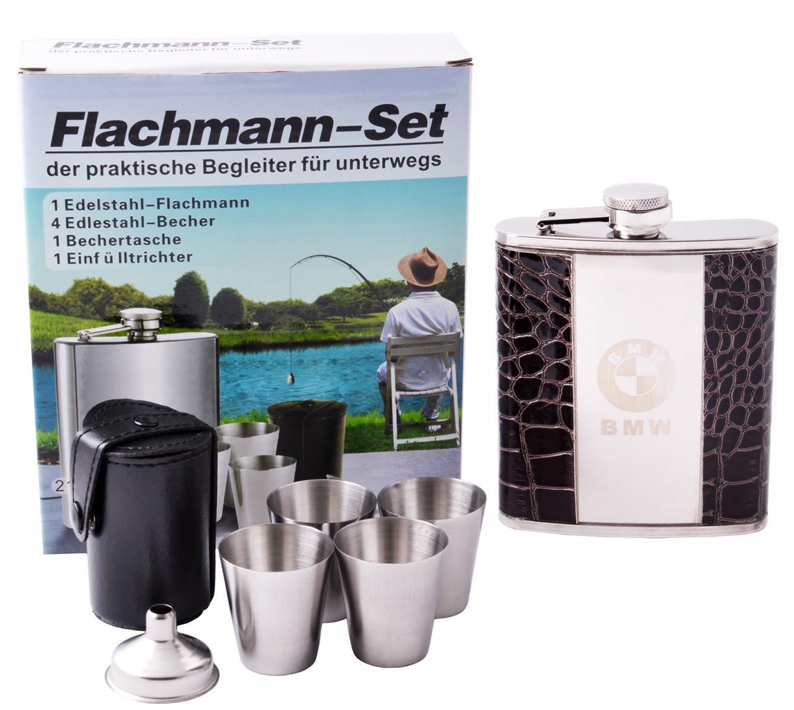 Набір фляга та 4 стопки BMW 210 мл Чорний/Нержавіюча сталь