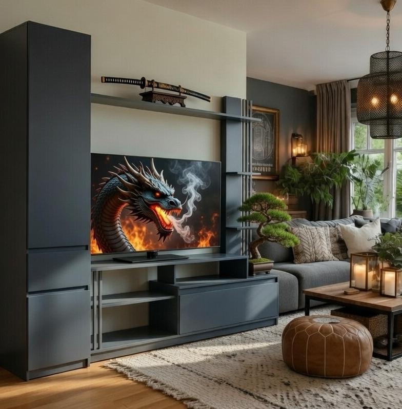 Стенка для ТВ Мастер Форм Брайт ДСП в гостиную с пеналом левосторонняя 2100х520х2000 мм Антрацитовый (31018)