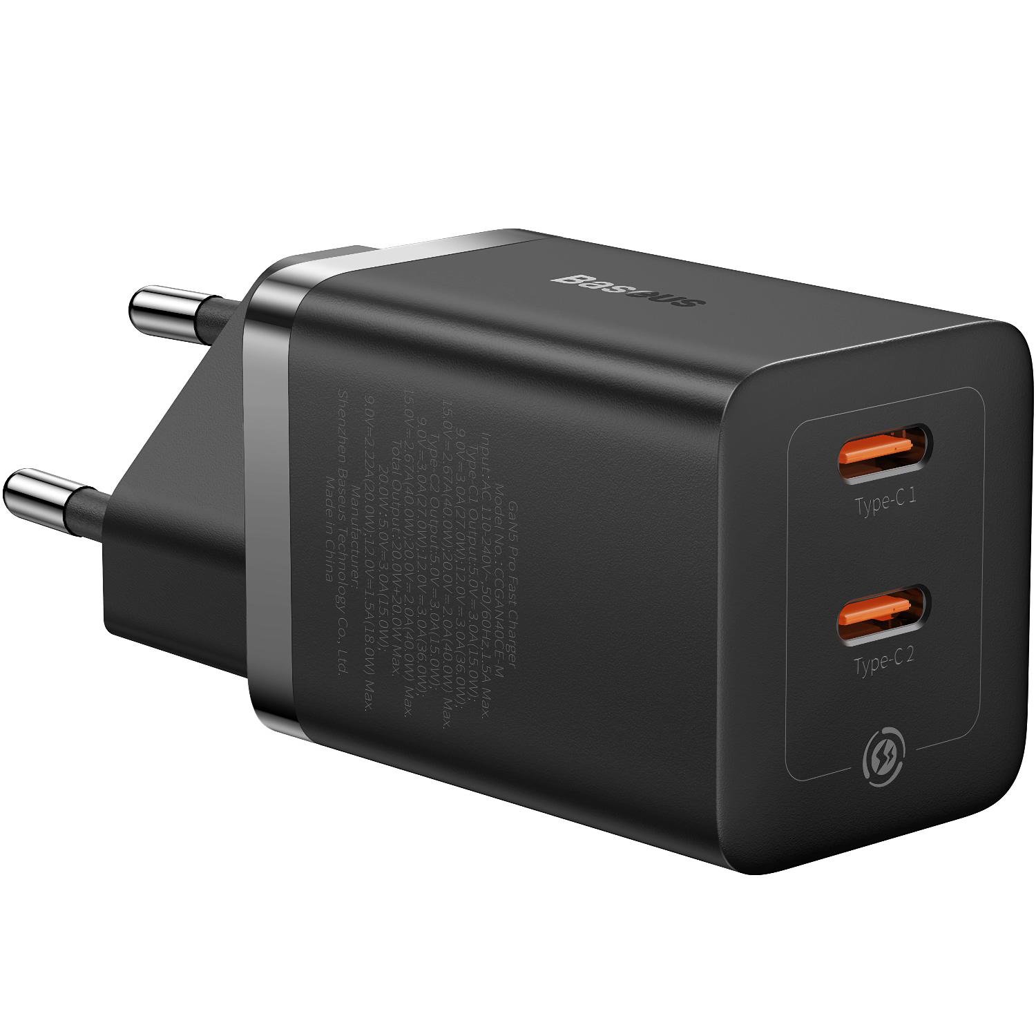 Зарядний пристрій мережевий BASEUS GaN5 Pro Fast Charger C+C 40W Black (CCGP180101)