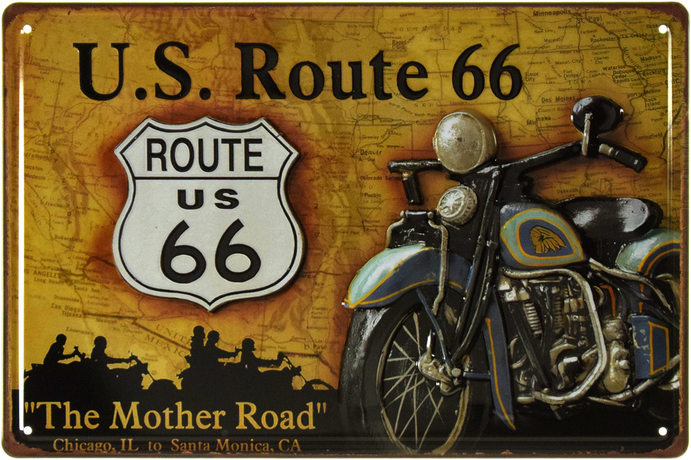 Табличка металлическая Route 66 Chicago, IL To Santa Monica, CA 20x30 см