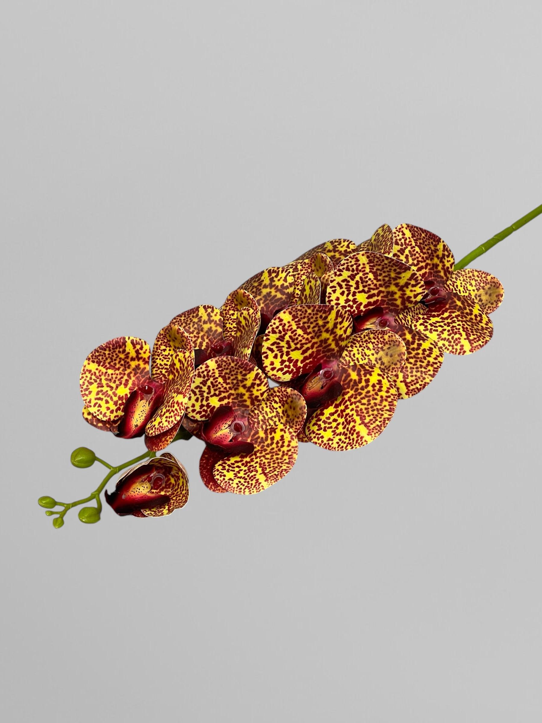 Искусственная ветвь орхидеи на 9 соцветий 95 см Насыщенно-желтый в бордовую точку (К01015)