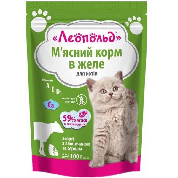 Корм для котів вологий Леопольд Асорті з яловичиною та серцем в желе пауч 100 г 24 шт. (000019311)