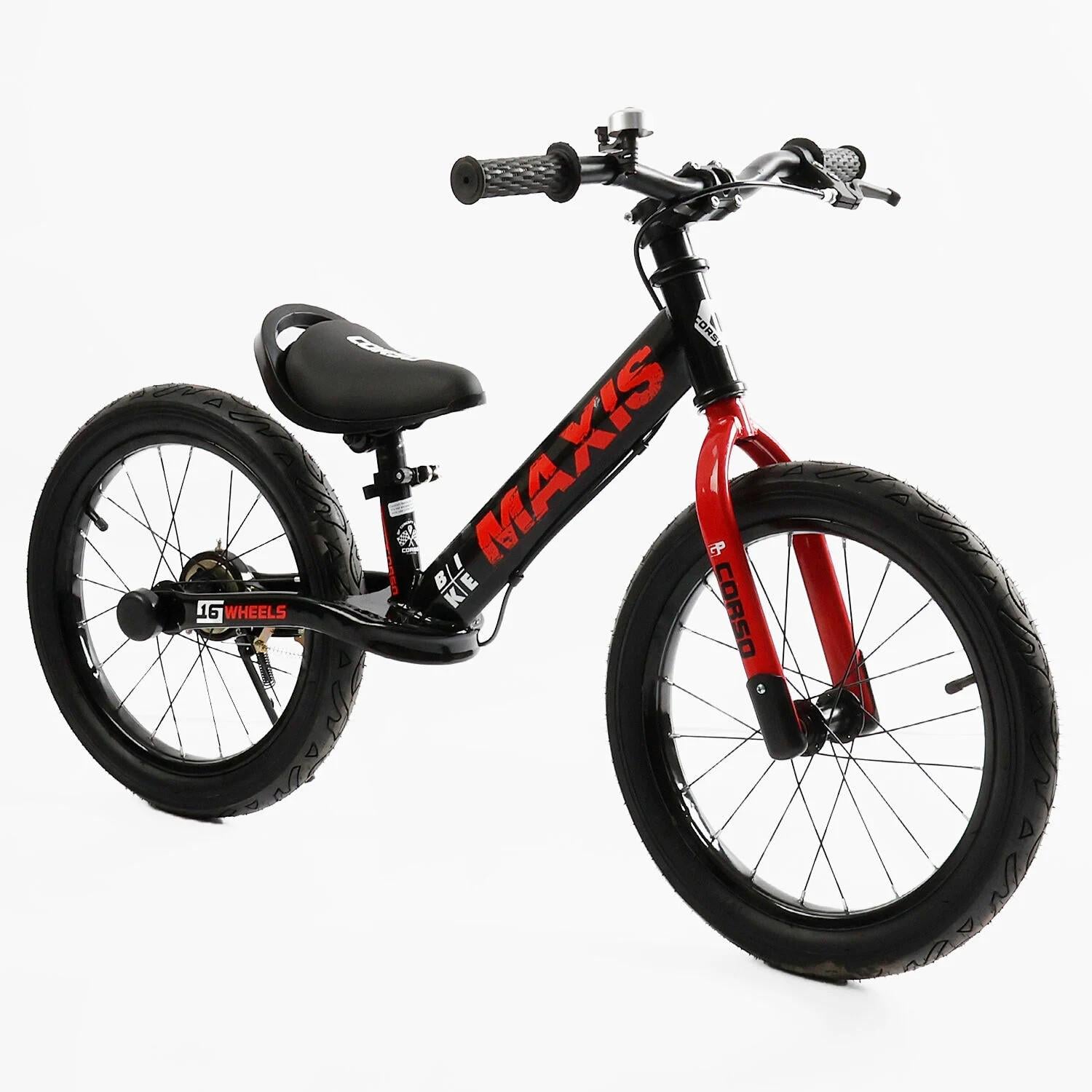 Беговел Corso Maxis стальная рама ручной задний тормоз надувные колеса резиновые 16" подножка/звонок Черный (MX-30909)