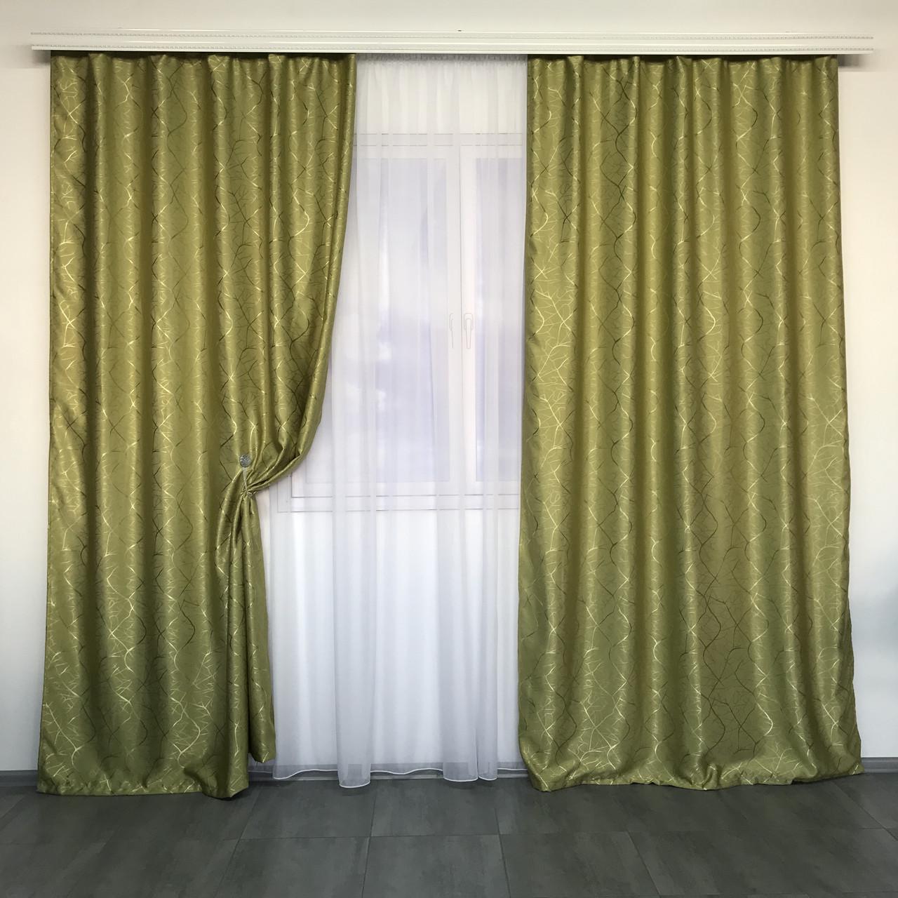 Шоры готовые из льна с узором с тюлем 150х270 см Оливковый (SHTN-M17-15)