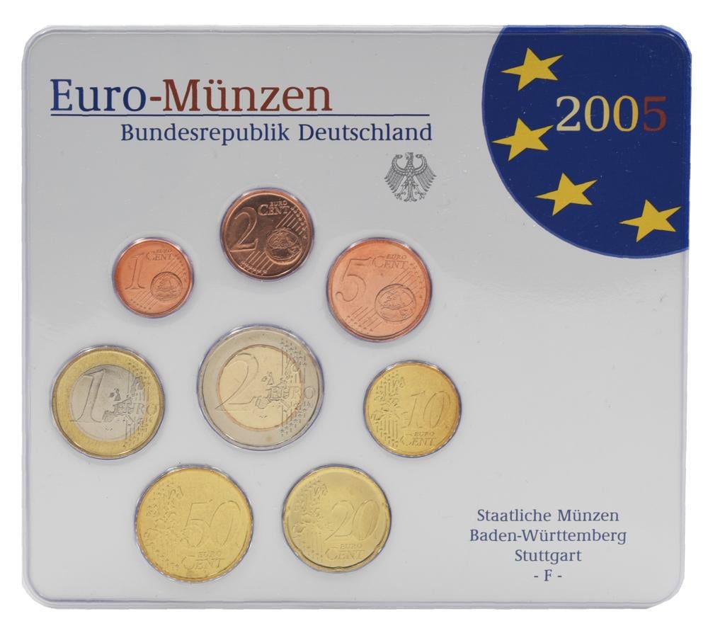 Коллекционные монеты Германия набор из 8 монет евро 2005 UNC F 1/2/5/10/20/50 евроцентов 1/2 евро в сувенирной упаковке (М23496)