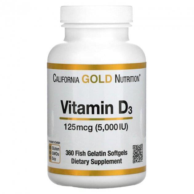 Витамин D3 California Gold Nutrition 125 мкг 360 капсул из рыбьего желатина (CGN-01066)