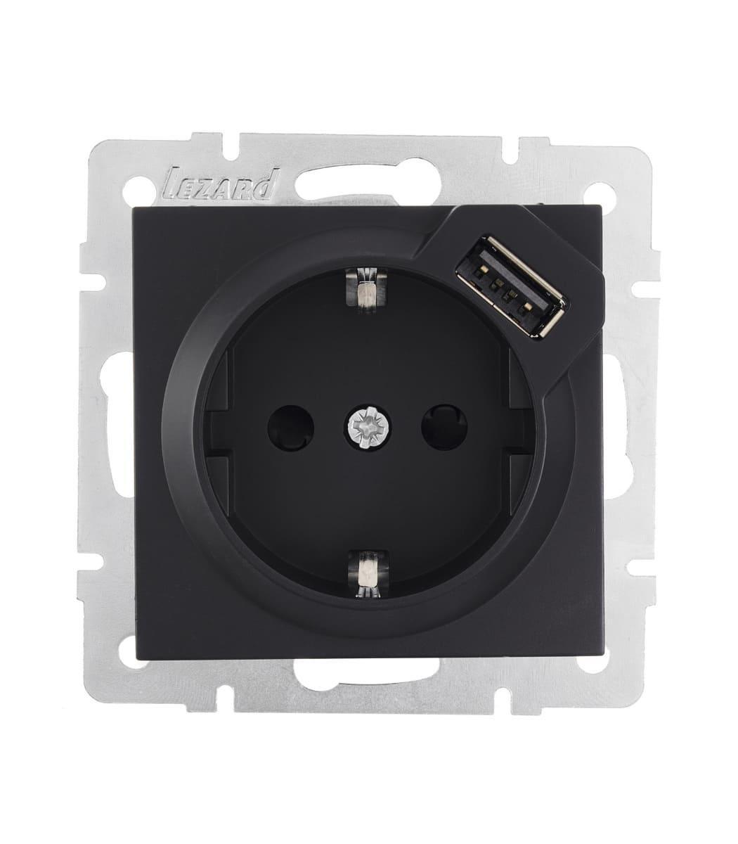 Розетка одинарна із заземленням з USB Lezard Vesna Чорний (00000023114)