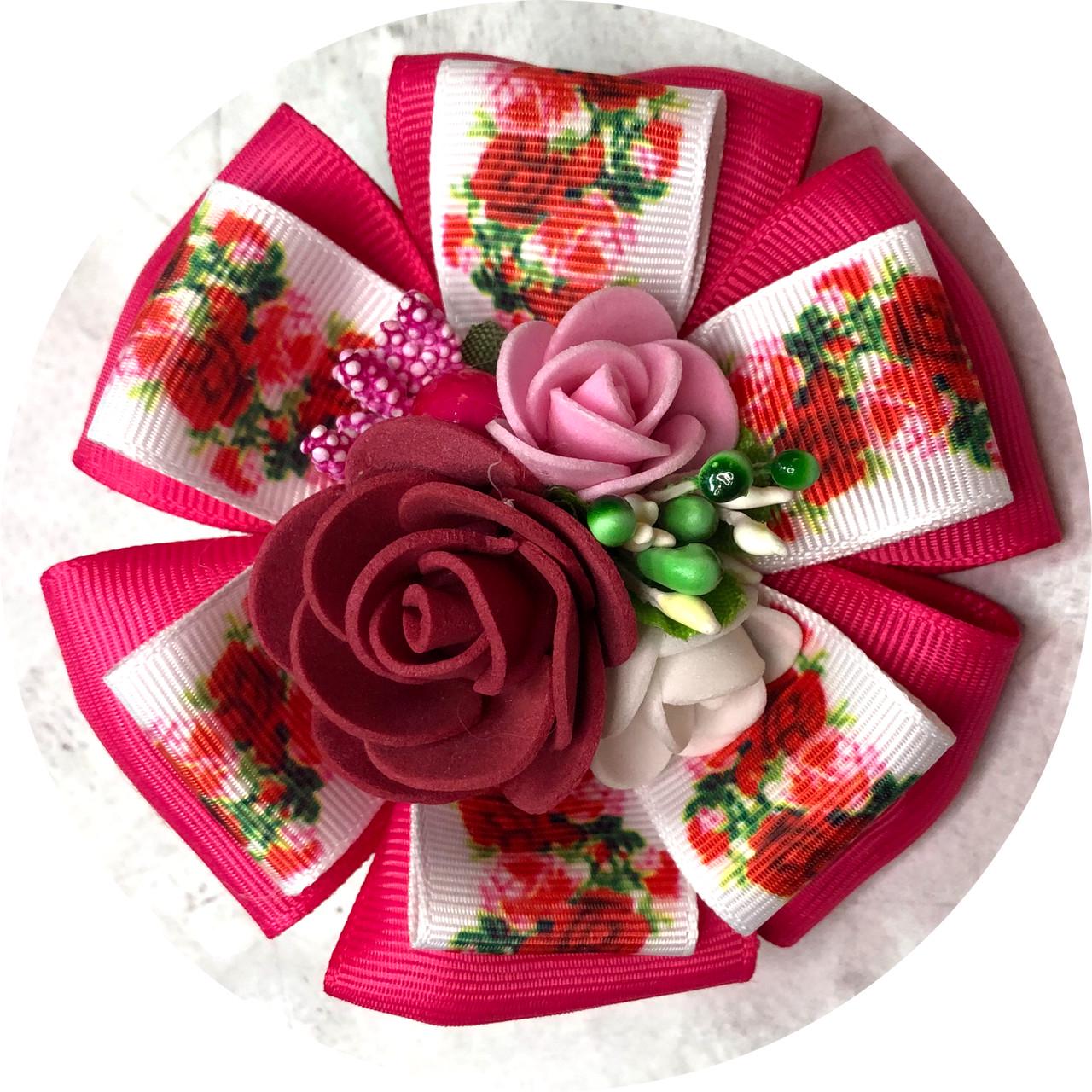 Бантик дитячий на шпильці Український орнамент з квіточками D9 см Темно-рожевий (11349)