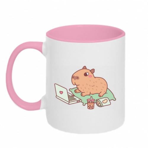 Чашка керамическая двухцветная Capybara with laptop 320 мл Бело-розовый (12975754-47-182922)