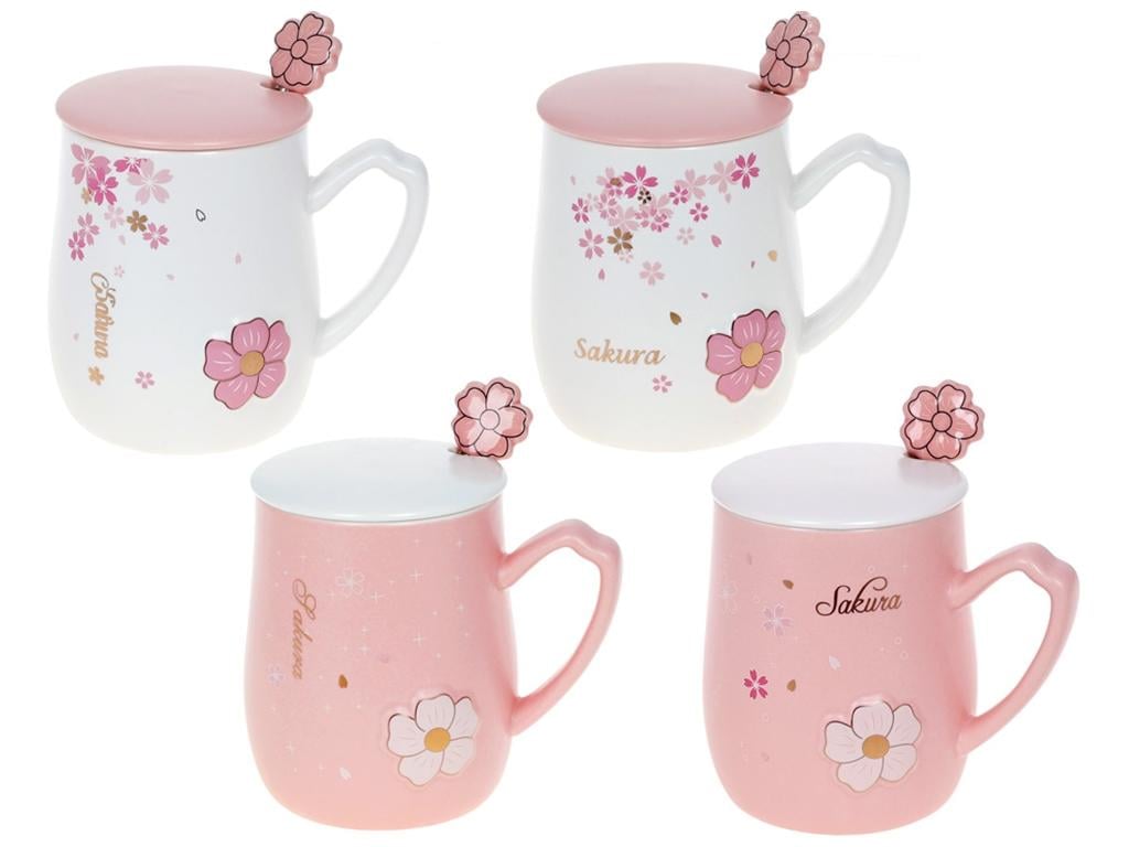 Чашка Sakura с крышкой и ложкой 380 мл 4 дизайна набор 4 шт. (BDI-927-221)