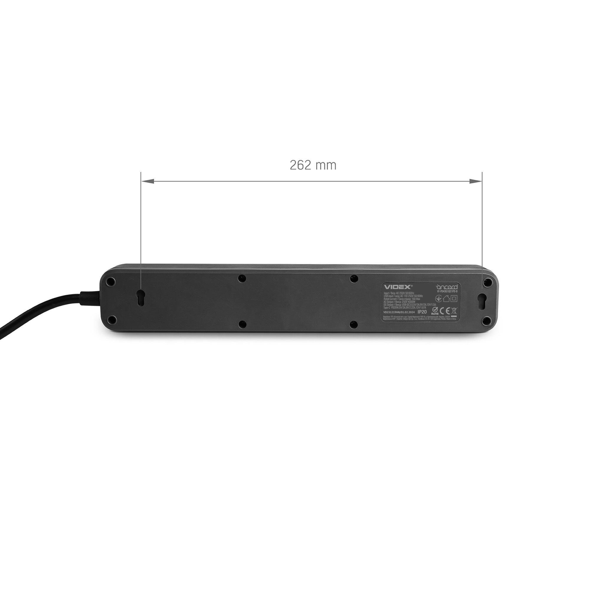 Подовжувач Videx ONCORD USB-QC 3.0/USB-C 4 гнізда із заземленням/кнопкою/шторками 3,4А 20W 3 м Чорний (VF-PD43G1QC1PD-B) - фото 8