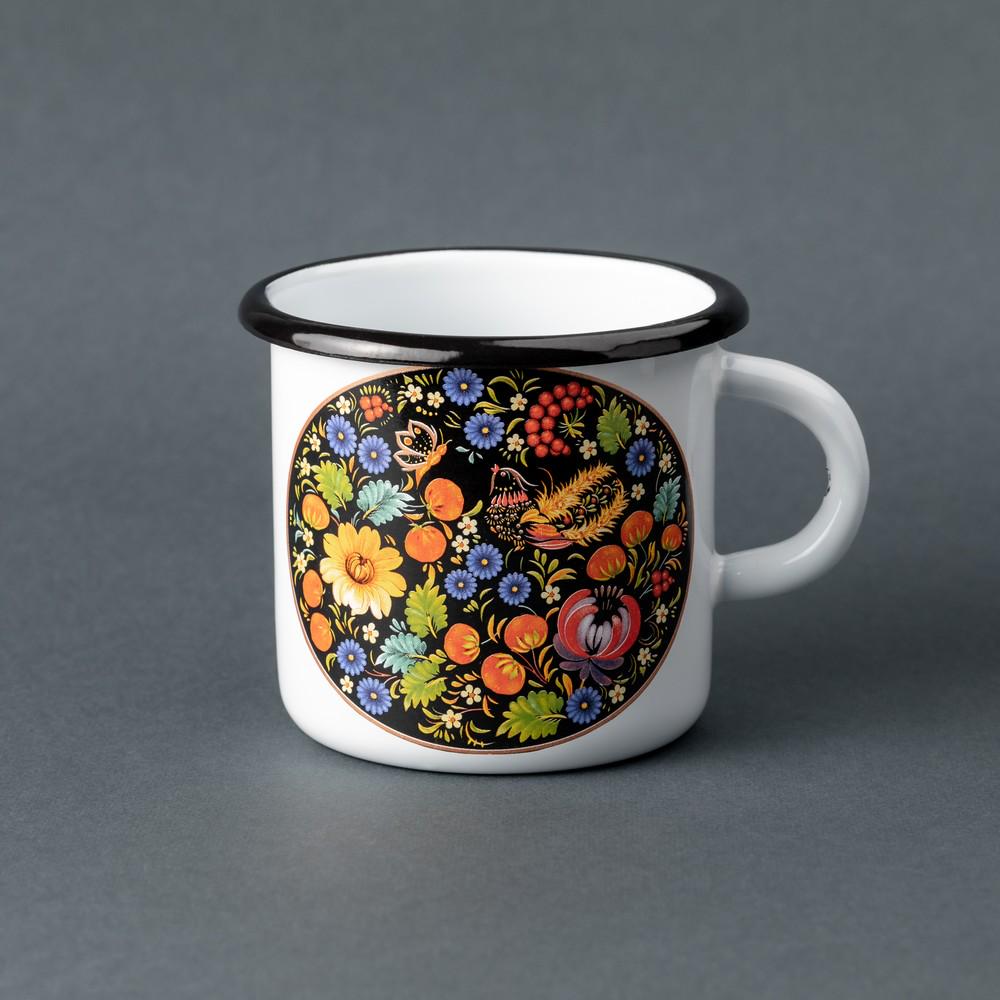 Кружка эмалированная Enamel mug с принтом Петриковская роспись Птица в цветах 400 мл Белый