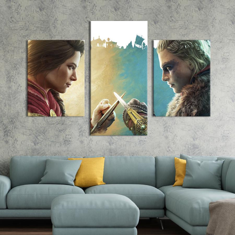 Картина на холсте триптих Постер-кроссовер Assassin's Creed Вальгалла и Одиссея 66x40 см (1456-32)