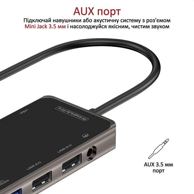 USB-C хаб 11в1 Promate PrimeHub-Pro USB-C PD/HDMI/VGA/2xUSB 3.0/2xUSB 2.0/RJ45/SD/MicroSD/AUX 3,5 мм Grey - фото 8