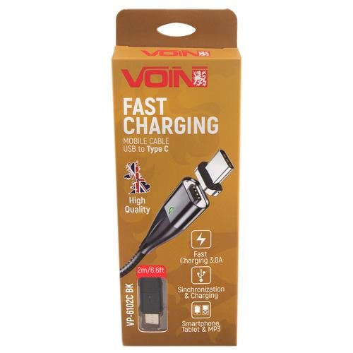 Кабель магнитный Voin USB VP-6102C Type C 3А 2 м быстрая зарядка/передача данных Black (13537527)