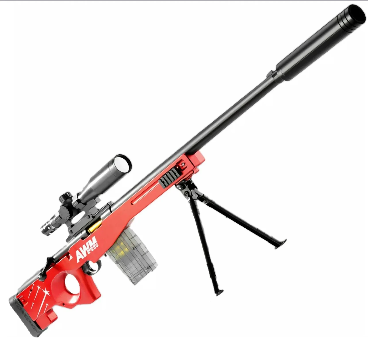 Іграшкова снайперська гвинтівка AWM на м'яких кулях EVA з глушником оптичним прицілом 130 см Червоний