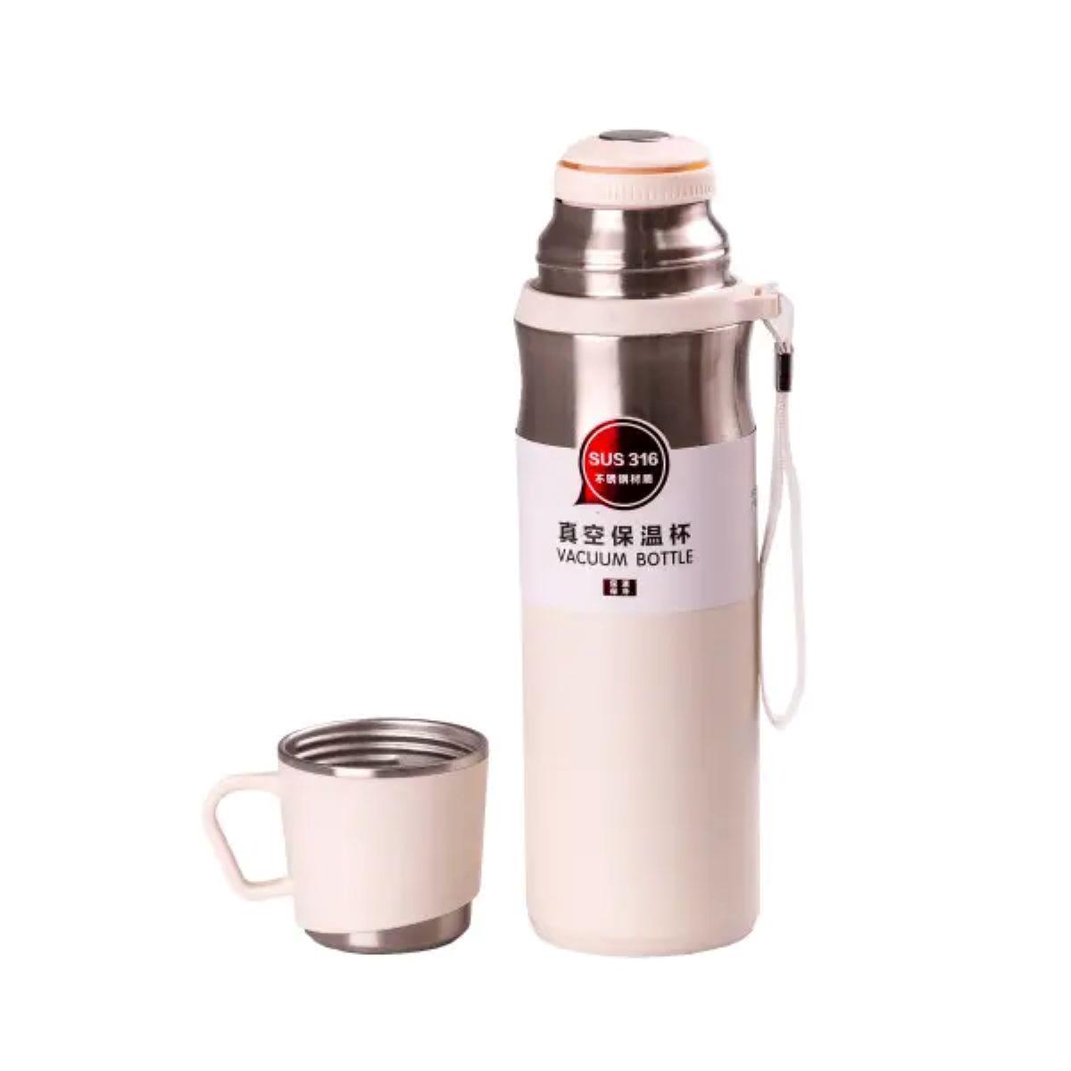 Термос с чашкой и ремешком с металлической колбой 0,6 л Белый (3716)