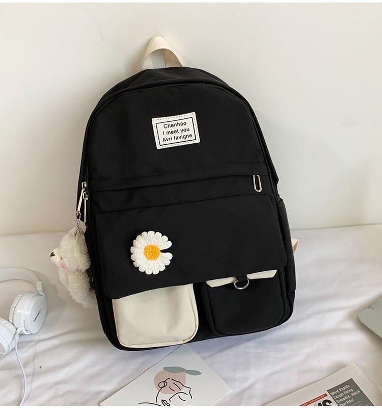Рюкзак для дівчинки шкільний міський Rentegner водонепроникний з брелоком та ромашкою Чорний