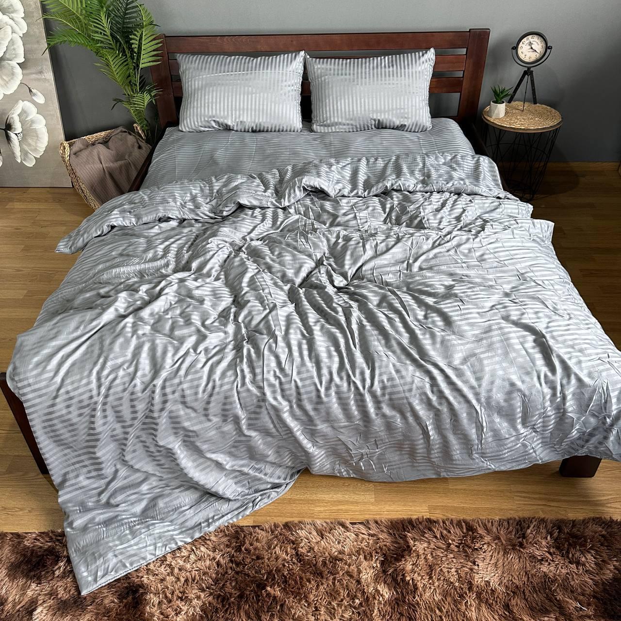 Комплект постільної білизни Смужка страйп-полісатин простирадла на резинці євро 180x200х20 см/50х70 см Сірий - фото 1