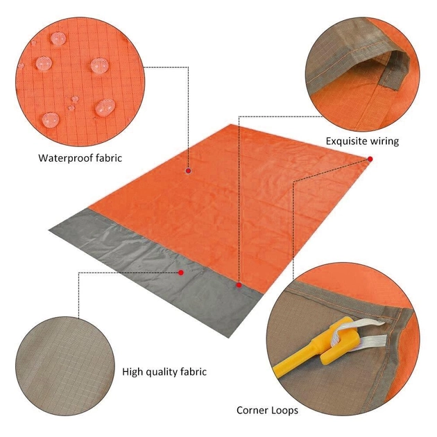 Пляжный коврик анти-песок и мешочек для хранения 4 колышка и карабин 150х145 см Оранжевый (2753) - фото 6