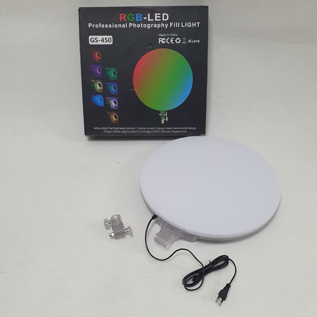 Лампа круглая светодиодная с RGB подсветкой для фото и видеосъемки (GS-450) Лампа круглая светодиодная с RGB подсветкой для фото и видеосъемки (GS-450)