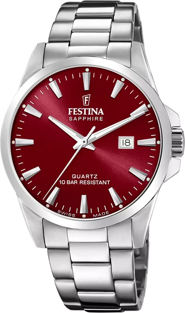 Наручные часы мужские Festina Classics Swiss Made F20024/7 со стальным корпусом/водозащитой 100 м и красным циферблатом