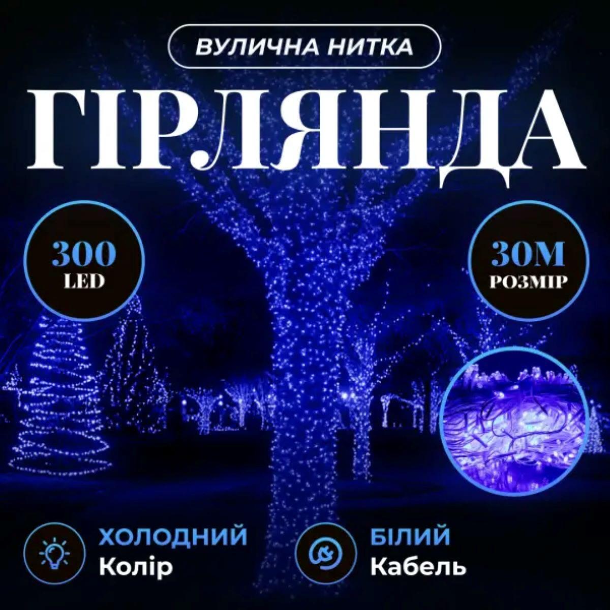 Гірлянда вулична Нитка 30 м 300 LED білий провід Синій (CF300L30MWBL) - фото 4 Гірлянда вулична Нитка 30 м 300 LED білий провід Синій (CF300L30MWBL) - фото 4