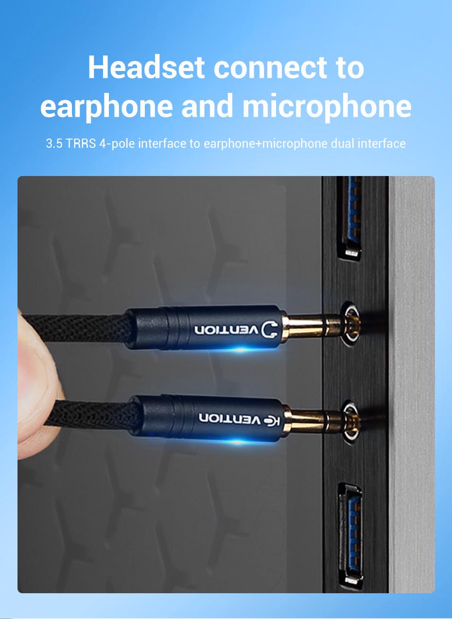 Переходник Vention 2х3.5 мм minijack-3.5 мм/minijack AUX 4-пиновая нейлоновая оплетка TRRS 1 м Черный (BBLBF) - фото 3