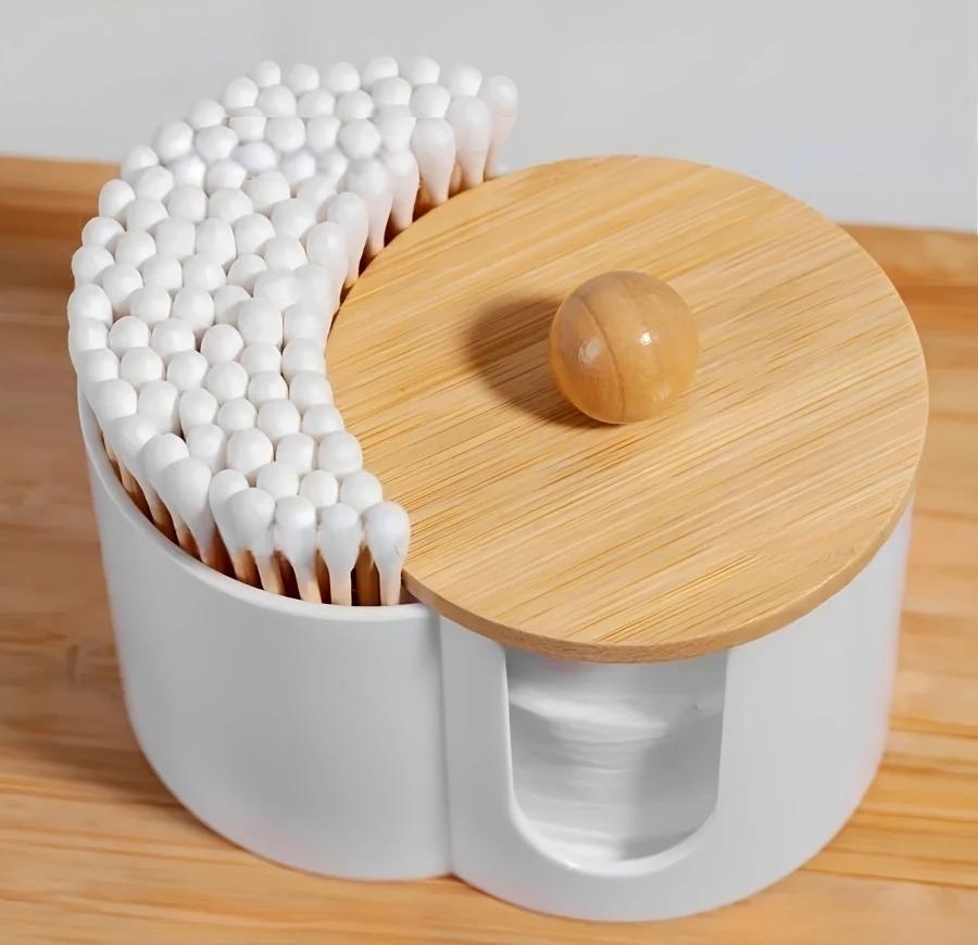 Органайзер для ватных дисков и ватных палочек пластиковый с деревянной крышкой 10х7х6,5 см Белый (D-0127) - фото 5