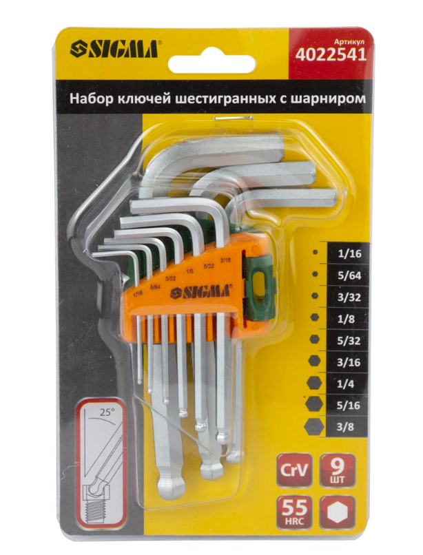 Набір шестигранних ключів Sigma 1/16-3/8" CrV 9 шт. (4022541)