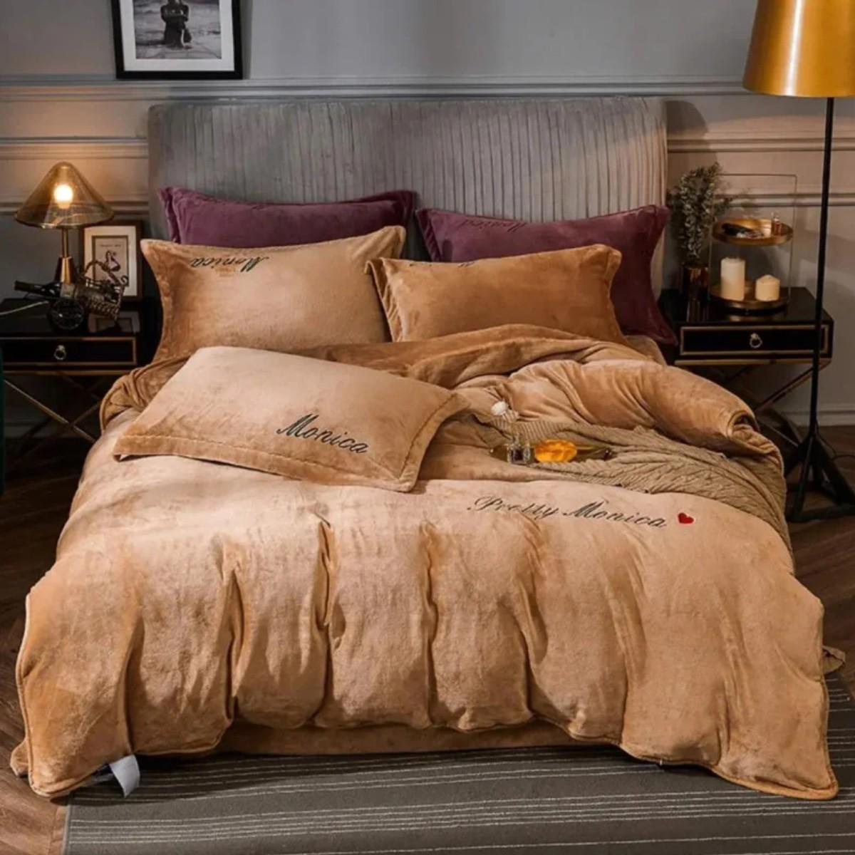 Комплект постельного белья велюровый Koloco Monika евро Бежевый (41053)