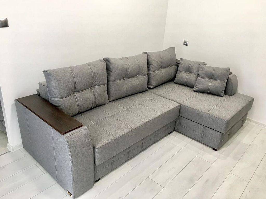 Диван раскладной угловой в гостиную/спальню  Вуди Канада дерево/ламинированная ДСП/ткань Серый