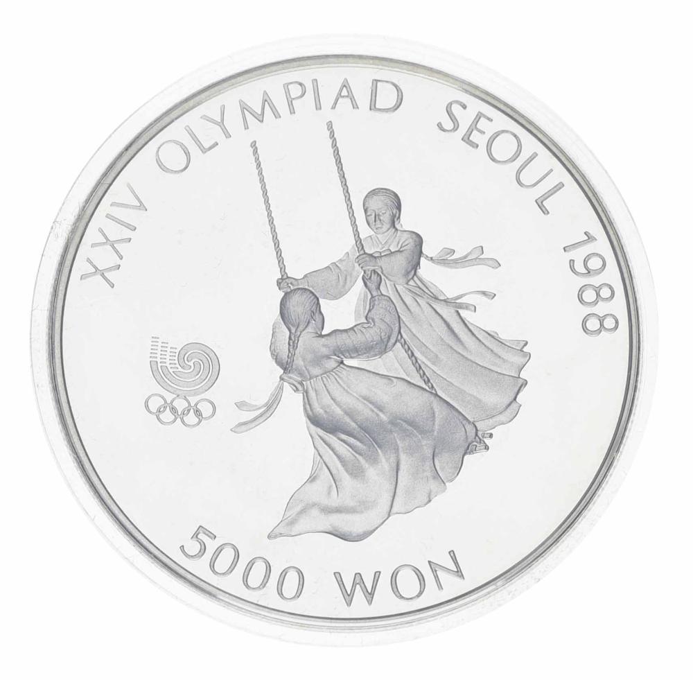 Коллекционная монета Южная Корея 5000 вон 1987 Серебро Proof XXIV летние Олимпийские игры в р. Сеул 1988 Качели (М23344)