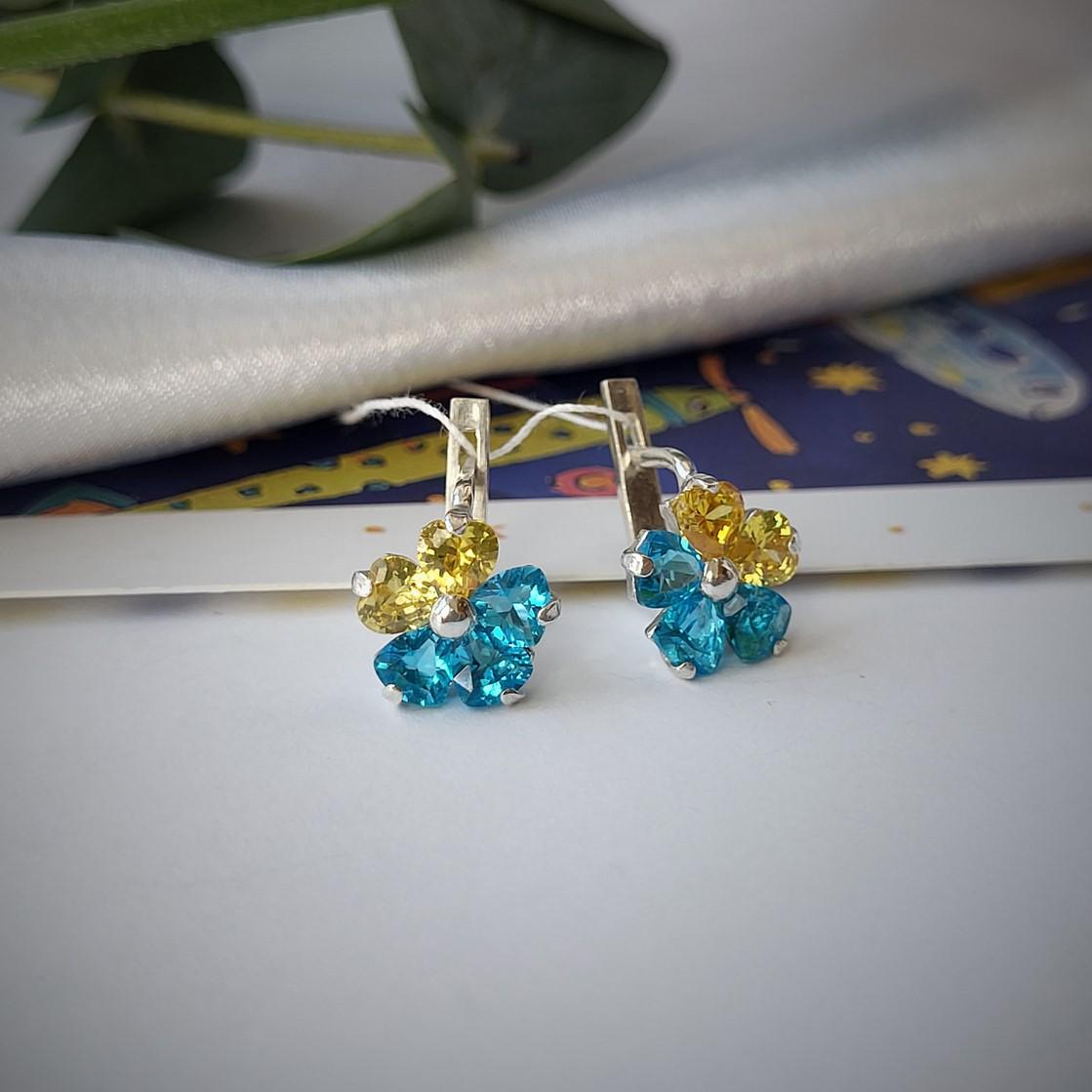 Серьги из серебра Цветок с желто-голубыми камнями 925 проба 2,51 г (2270)