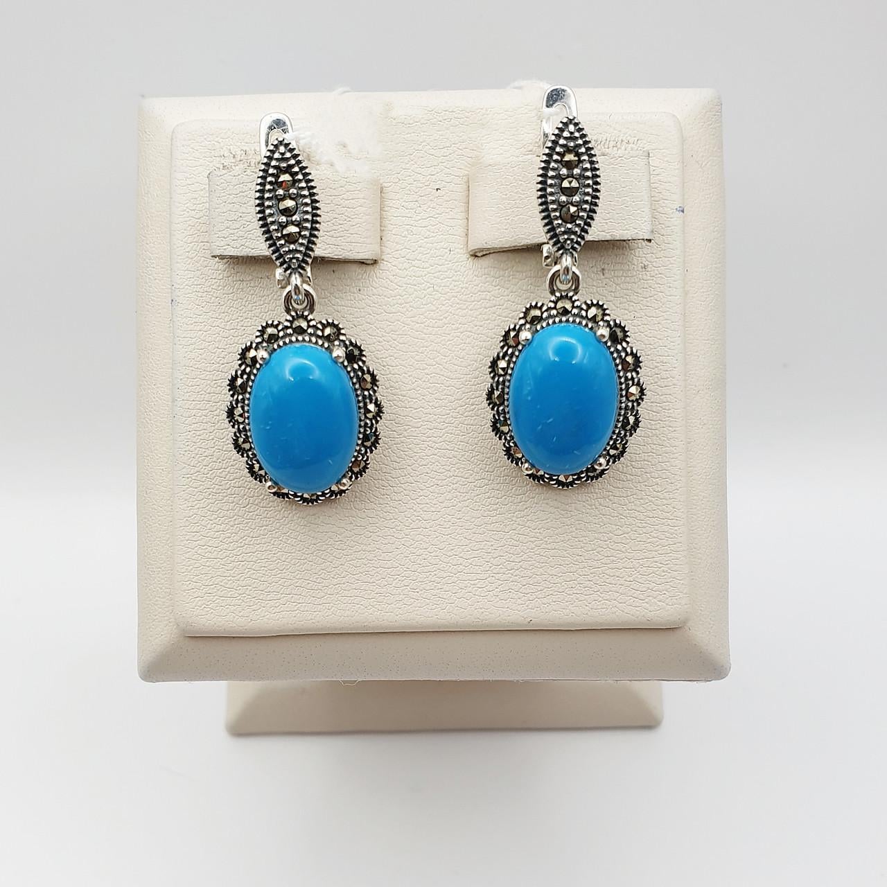 Серебряные серьги с бирюзой и марказитом 8,96 г (2678763710)