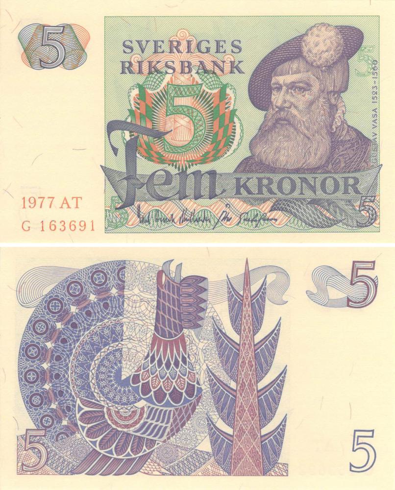 Коллекционная банкнота Швеция 5 крон 1977 UNC P51 (Б09260)